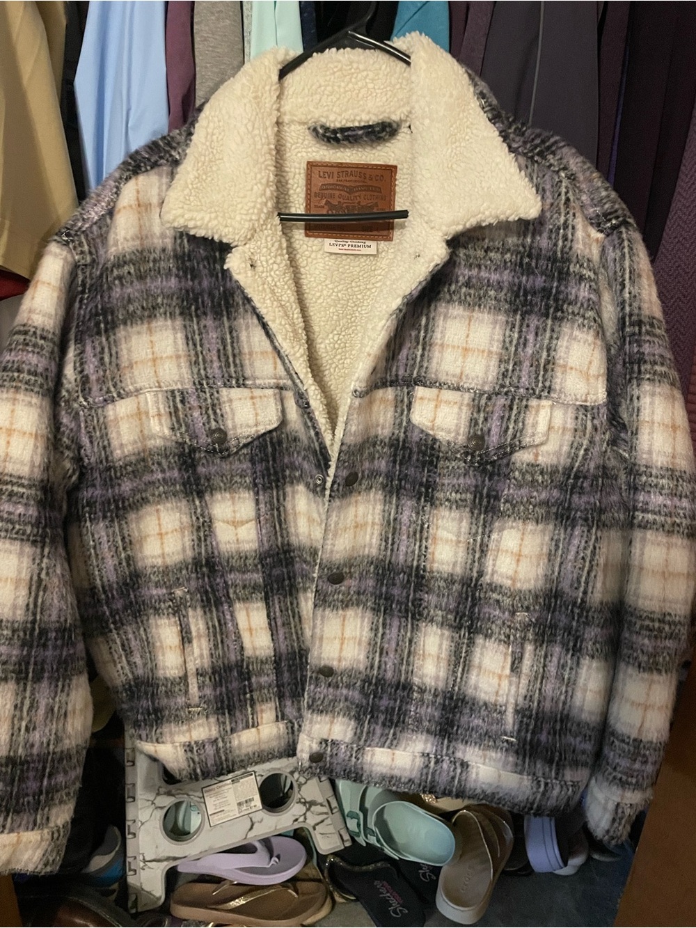 Levi's Plaid Sherpa-Lined Jacket in Cream and Gray - Men’s Large